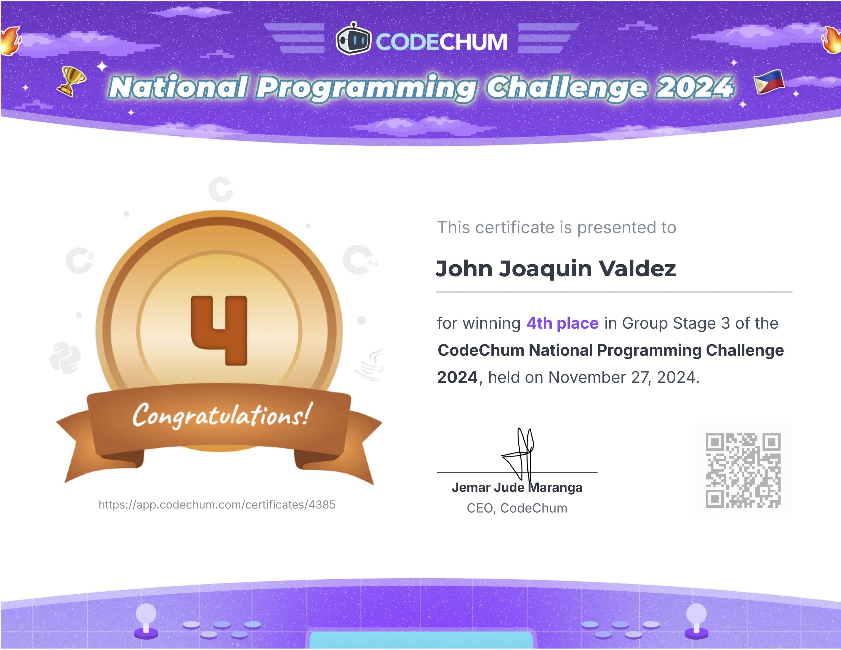 Achievement certificate awarded to Joaquin Valdez for 4th Place in Group Stage 3 at National Programming Challenge 2024 programming competition at Our Lady of Fatima University Quezon City Campus